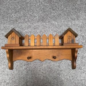 Vintage Wooden Wall Shelf Pegs Birdhouse Picket Fence Brown Cottage Rustic Farm
